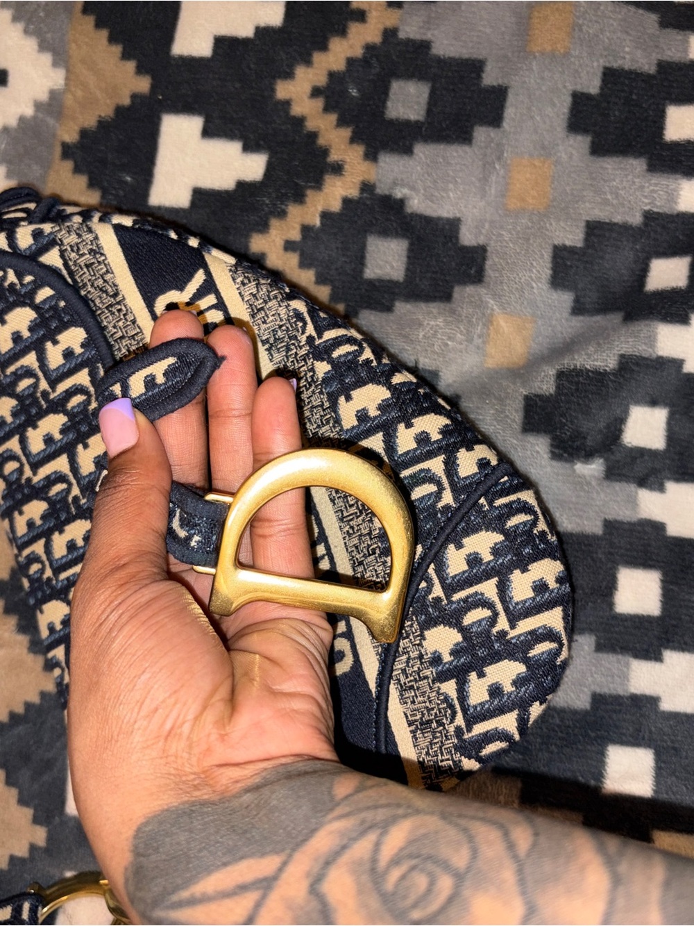Dior Navy & Cream Oblique Saddle Bag with Brass Hardware - Picture 3 of 5